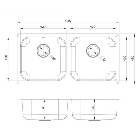 Technical Drawing with Dimensions for Rangemaster Alantic Classic Undermount Double Bowl Kitchen Sink For 1000mm Cabinet in Stainless Steel  Brushed