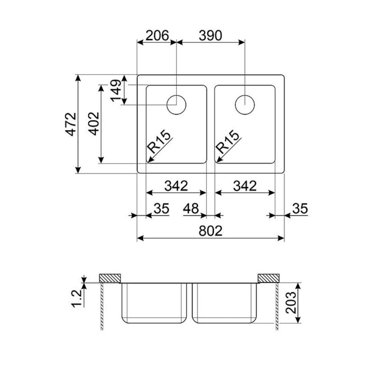 Technical Drawing with Dimensions for Smeg Mira Undermount Double Bowl Kitchen Sink for 800 mm Cabinet in Stainless Steel Brushed