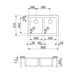 Technical Drawing with Dimensions for Smeg Mira Undermount Double Bowl Kitchen Sink for 800 mm Cabinet in Stainless Steel Brushed