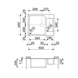 Technical Drawing with Dimensions for Smeg Mira Undermount One and Three-Quarters Bowl Kitchen Sink for 600 mm Cabinet in Stainless Steel Brushed