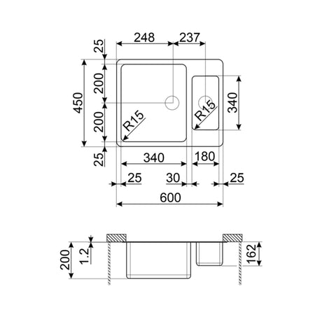 Technical Drawing with Dimensions for Smeg Mira Undermount One and Three-Quarters Bowl Kitchen Sink for 600 mm Cabinet in Stainless Steel Brushed