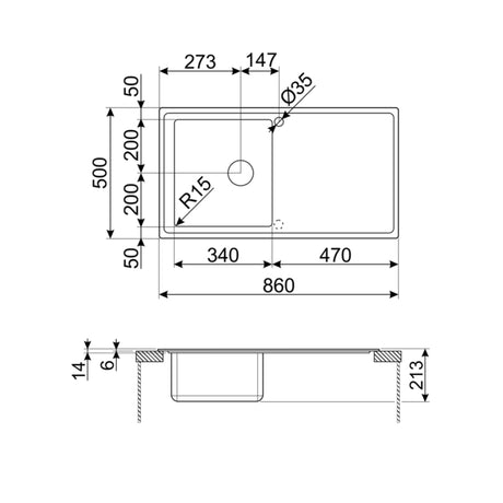 Technical Drawing with Dimensions for Smeg Mira Inset Mount Single Bowl Kitchen Sink for 600 mm Cabinet in Stainless Steel Brushed Right View