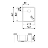 Technical Drawing with Dimensions for Smeg Mira Undermount Single Bowl Kitchen Sink for 600 mm Cabinet in Stainless Steel Brushed