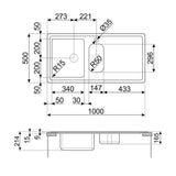 Technical Drawing with Dimensions for Smeg Mira Inset Mount One And Half Bowl Kitchen Sink For 800 mm Cabinet In Stainless Steel Brushed