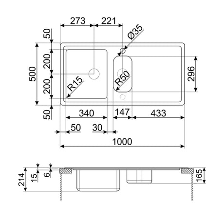 Technical Drawing with Dimensions for Smeg Mira Inset Mount One And Half Bowl Kitchen Sink For 800 mm Cabinet In Stainless Steel Brushed