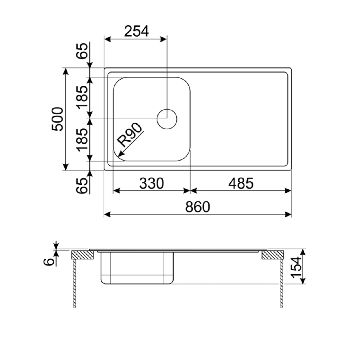 Technical Drawing with Dimensions for Smeg Inset Mount Single Bowl Kitchen Sink for 450 mm Cabinet in Stainless Steel Polished