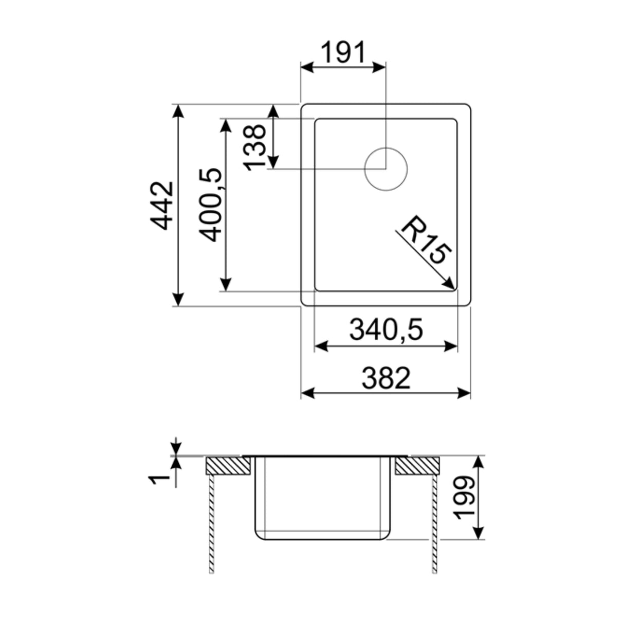 Technical Drawing with Dimensions for Smeg Undermount Single Bowl Kitchen Sink for 450 mm Cabinet in Stainless Steel