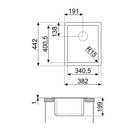 Technical Drawing with Dimensions for Smeg Undermount Single Bowl Kitchen Sink for 450 mm Cabinet in Stainless Steel