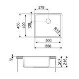 Technical Drawing with Dimensions for Smeg Quadra Undermount Inset Mount Single Bowl Composite Kitchen Sink For 600mm Cabinet in Stainless Steel