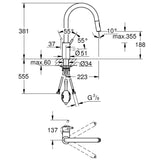 Technical drawing with dimensions for Grohe Concetto Pull Out C-Spout Kitchen Mixer Tap with Single Lever Control & Contemporary Sleek Design