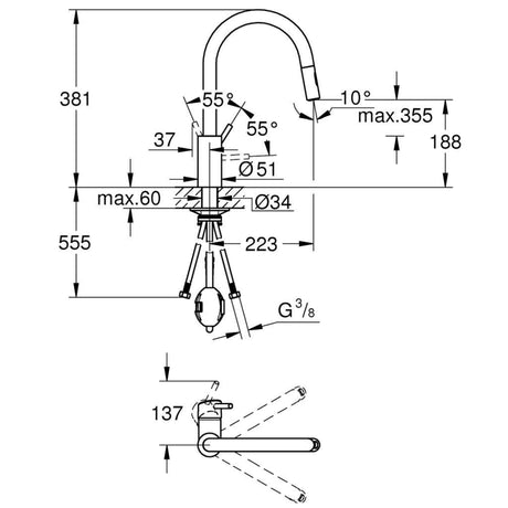Technical drawing with dimensions for Grohe Concetto Pull Out C-Spout Kitchen Mixer Tap with Single Lever Control & Contemporary Sleek Design