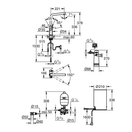 Technical drawing with dimensions for Grohe Red Duo Instant Boiling Water L-Spout Kitchen Mixer Tap with 3 Litre Boiler & CoolTouch Technology