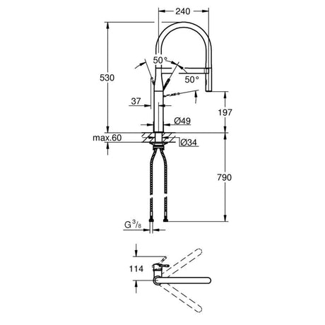 Technical drawing with dimensions for Grohe Essence Professional Pull Out Spray Tap with Single Lever Mixer