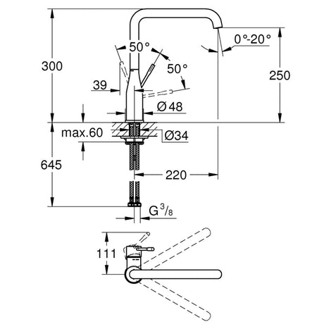 Technical drawing with dimensions for Grohe Essence Contemporary Mixer Tap with Single Lever Monobloc