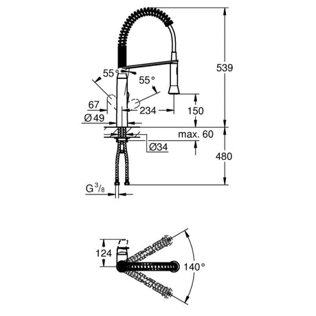 Technical drawing with dimensions for Grohe K7 Professional Tap Medium Height Pull Out Spray Single with Lever Monobloc Mixer In Polished Chrome