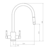 Technical Drawing with Dimensions for Rangemaster Aquatrend Pull Out Spray Mixer Tap with Dual Lever in Stainless Steel