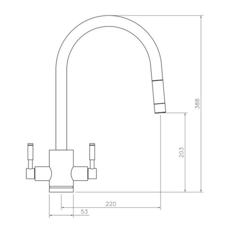Technical Drawing with Dimensions for Rangemaster Aquatrend Pull Out Spray Mixer Tap with Dual Lever in Stainless Steel