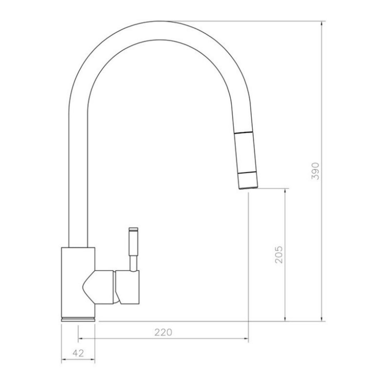 Technical Drawing with Dimensions for Rangemaster Aquatrend Pull Out Spray Mixer Tap with Dual Lever