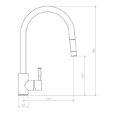 Technical Drawing with Dimensions for Rangemaster Aquatrend Pull Out Spray Mixer Tap with Dual Lever