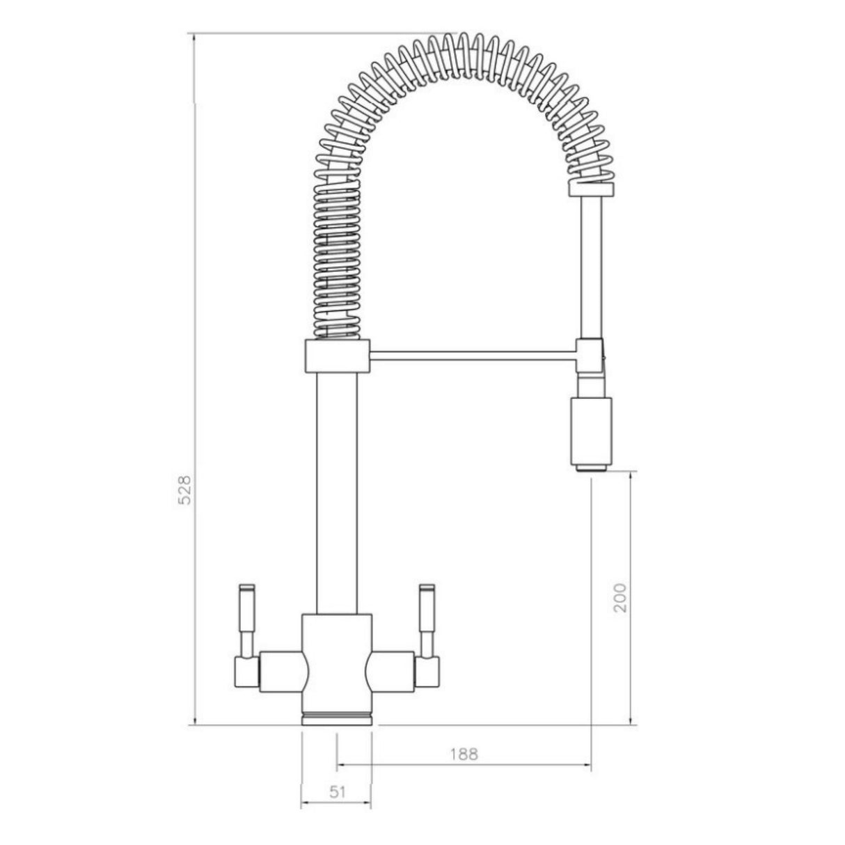 Technical Drawing with Dimensions for Rangemaster Aquatrend Professional Pull Out Spray Tap With Dual Lever Stainless Steel in Chrome