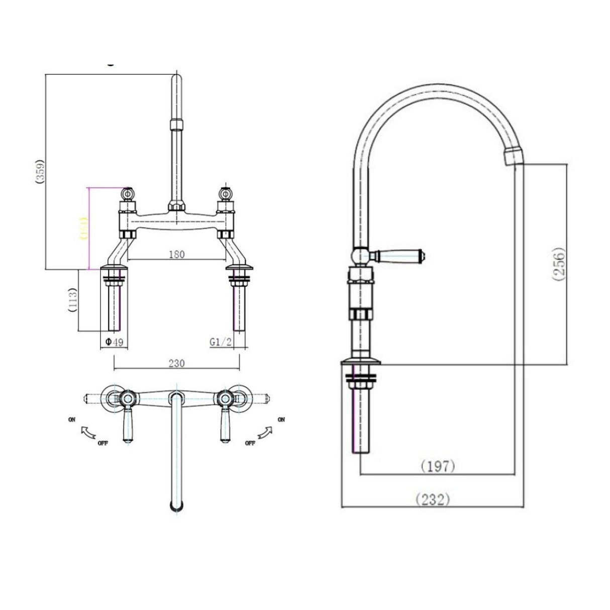 Technical Drawing with Dimensions for Rangemaster Aquaclassic Belfast Traditional Bridge Tap with Dual Lever in Stainless Steel