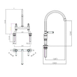 Technical Drawing with Dimensions for Rangemaster Aquaclassic Belfast Traditional Bridge Tap with Dual Lever in Stainless Steel