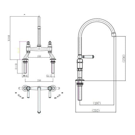 Technical Drawing with Dimensions for Rangemaster Aquaclassic Belfast Traditional Bridge Tap with Dual Lever in Stainless Steel