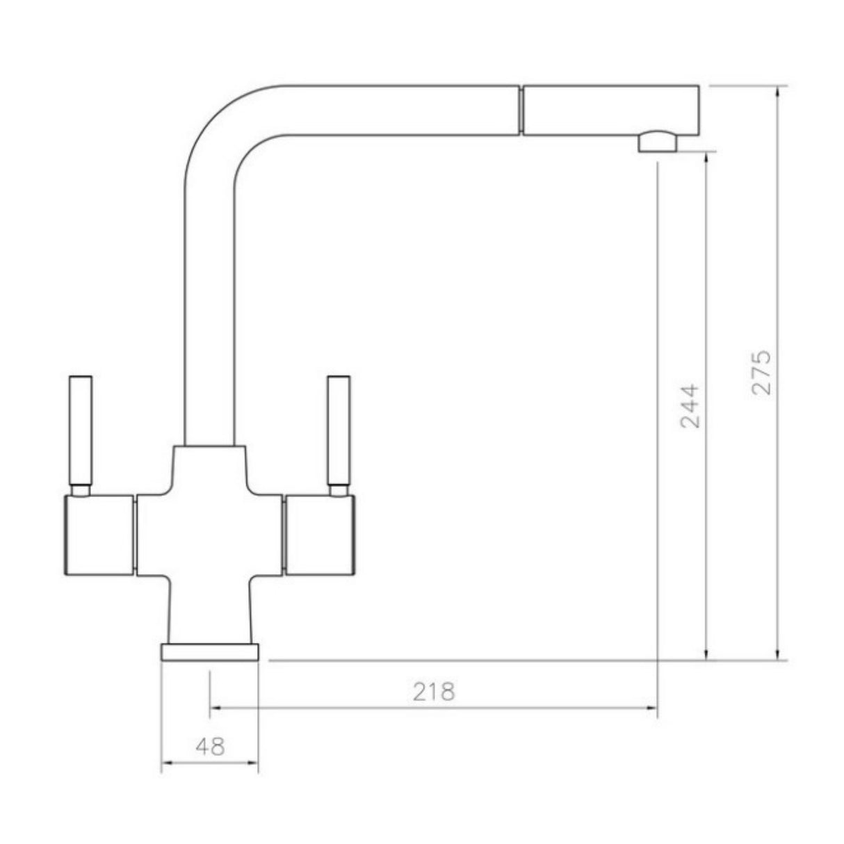 Technical Drawing with Dimensions for Rangemaster Aquadisc 5 Pull Out Spray Mixer Tap With Dual Lever in Stainless Steel