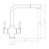 Technical Drawing with Dimensions for Rangemaster Aquadisc 5 Pull Out Spray Mixer Tap With Dual Lever in Stainless Steel