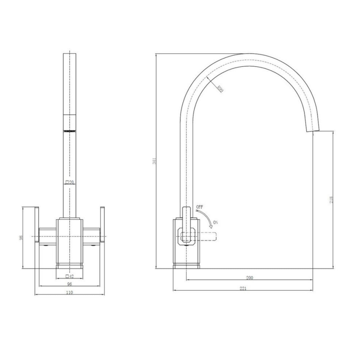 Technical Drawing with Dimensions for Rangemaster Quad Mixer Tap With Dual Lever In Chrome Life Style