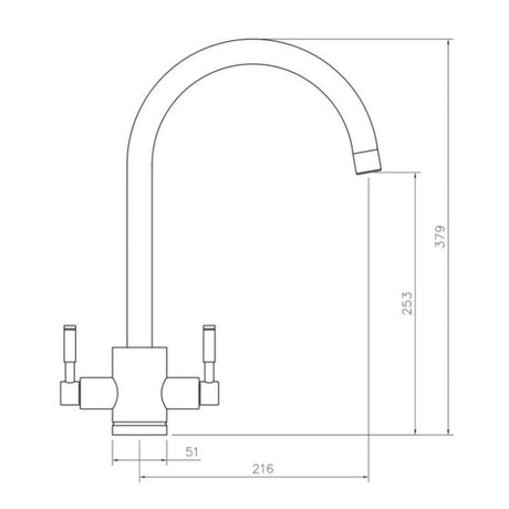 Technical Drawing with Dimensions for Rangemaster Aquatrend Mixer Tap with Dual Lever in Stainless Steel