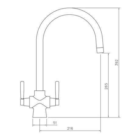 Technical Drawing with Dimensions for Rangemaster Cruciform Spa Filter Tap with Dual Lever in Stainless Steel