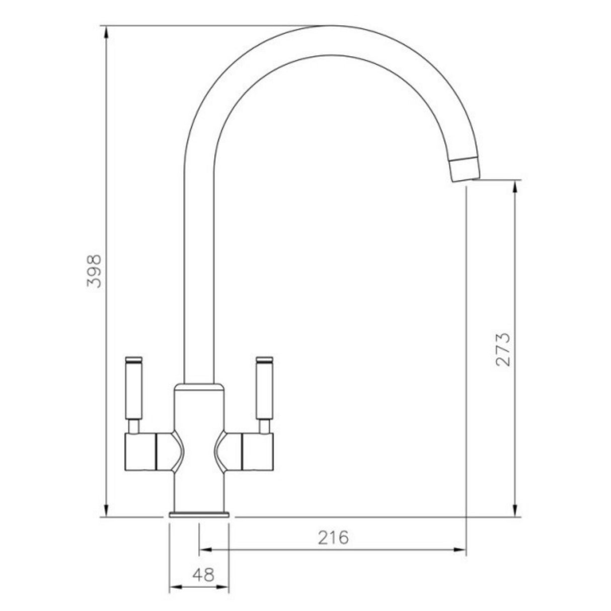 Technical Drawing with Dimensions for Rangemaster Intense Mixer Tap with Dual Lever in Brass
