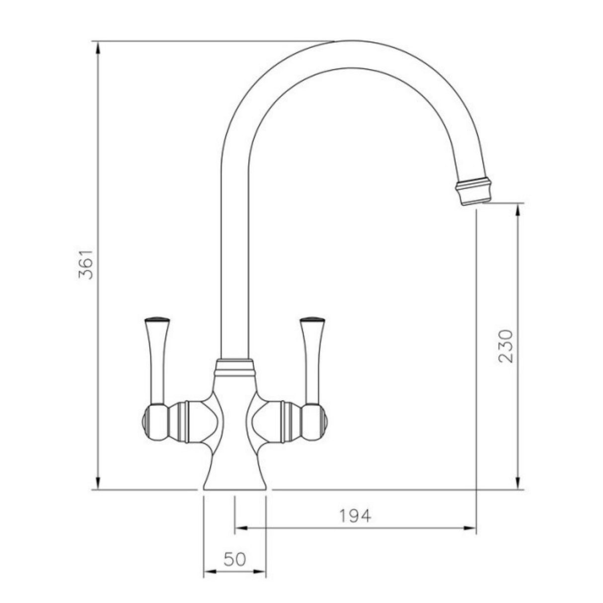 Technical Drawing with Dimensions for Rangemaster Estuary Mixer Tap With Dual Lever in Brass Brushed Copper