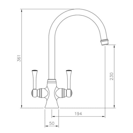 Technical Drawing with Dimensions for Rangemaster Estuary Mixer Tap With Dual Lever in Brass Brushed Copper