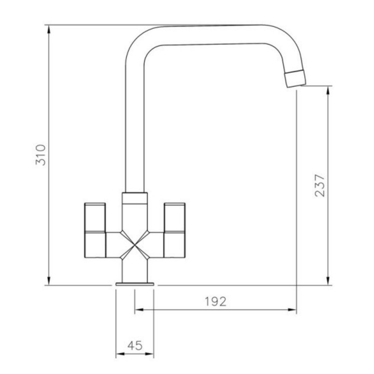 Technical Drawing with Dimensions for Rangemaster Aquaquad Mixer Tap Brushed brass With Dual Lever