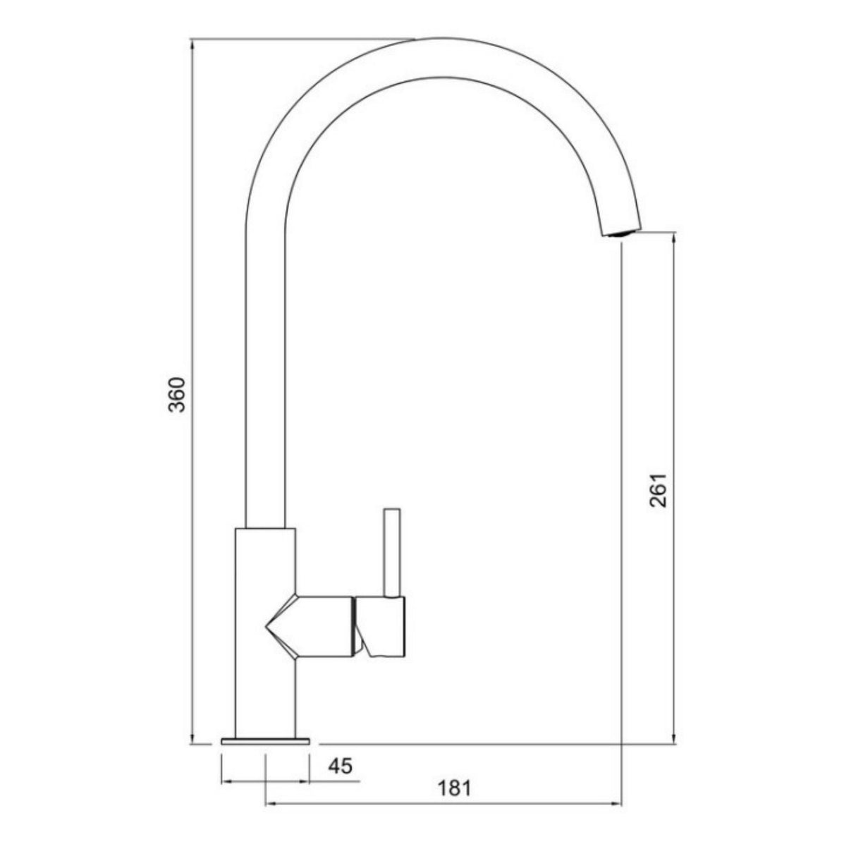 Technical Drawing with Dimensions for Rangemaster Igneous C-Spout Mixer Tap With Single Lever Mixer Tap