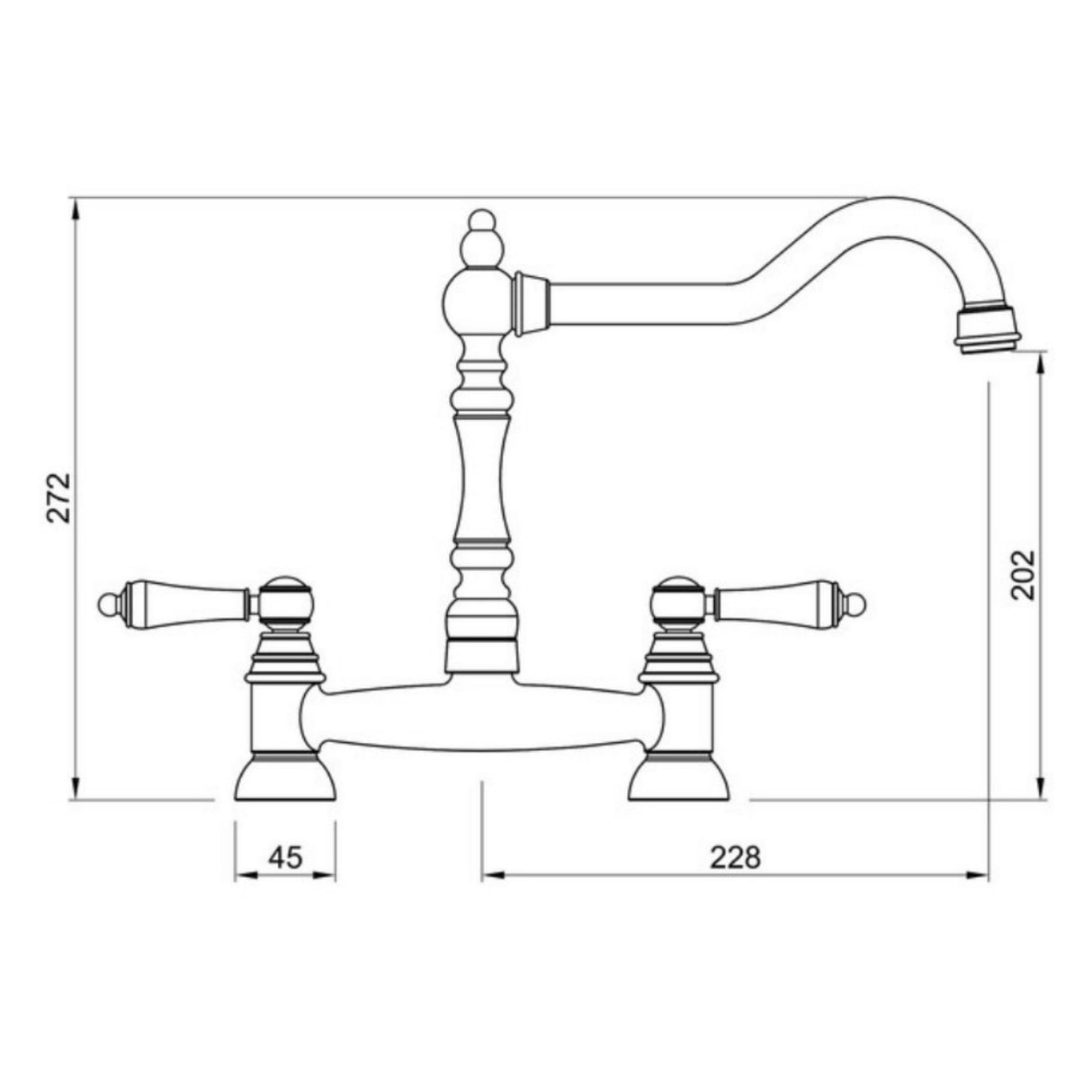 Technical Drawing with Dimensions for Rangemaster Waverly Traditional Bridge Tap Antique Brass in Stainless Steel