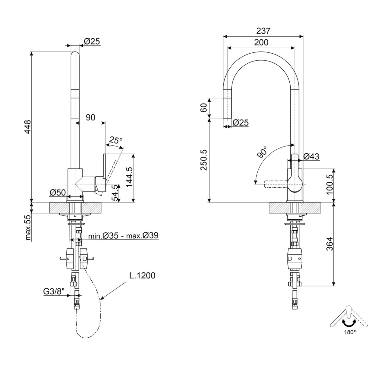 Technical Drawing with Dimensions for Smeg MID2N Mixer Tap with Single Lever