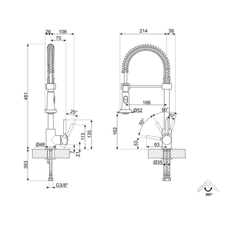 Technical Drawing with Dimensions for Smeg MID9CR Pull Out Single Lever Mixer Kitchen