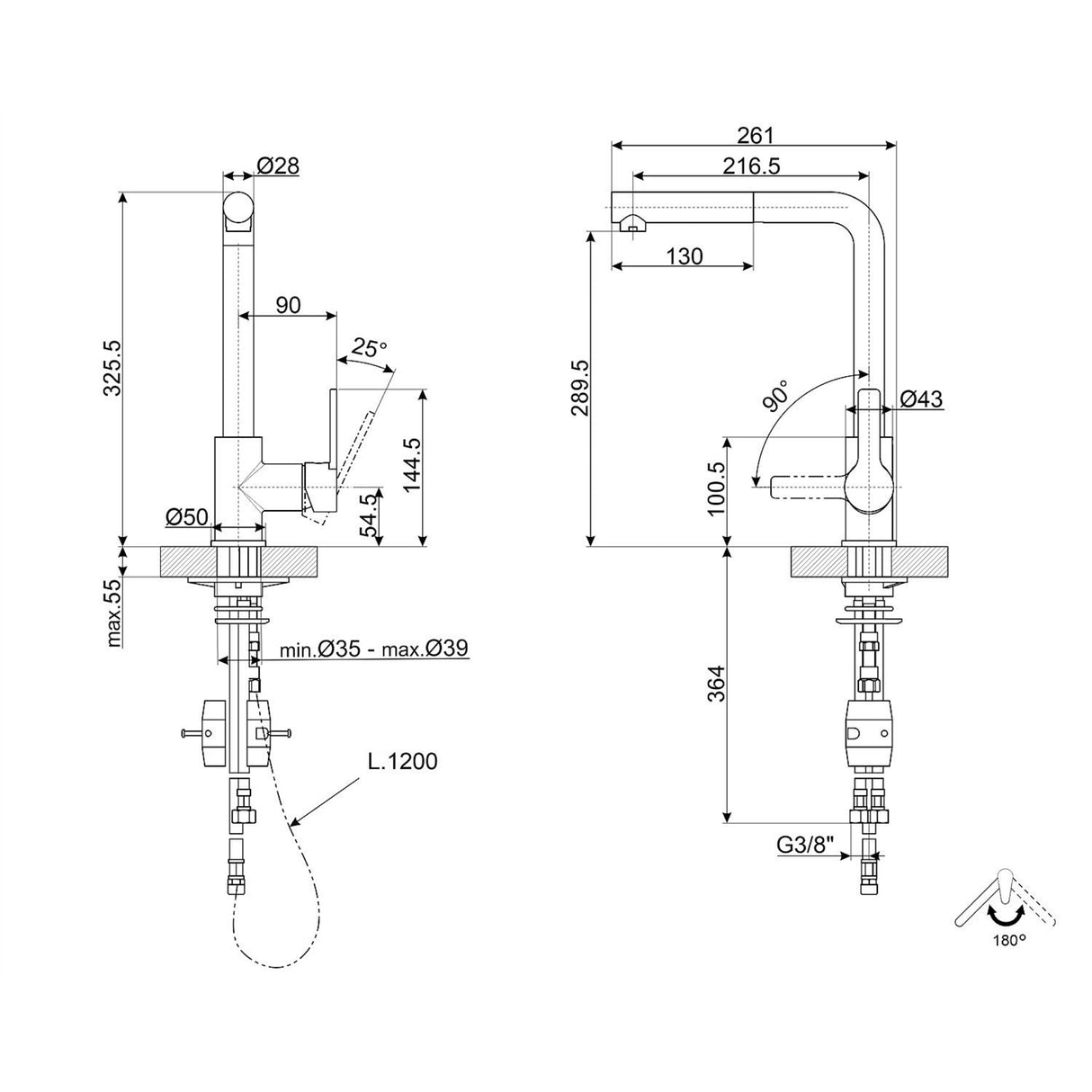 Technical Drawing with Dimensions for Smeg MID1CR Pull Out Spray Mixer Tap  with Single Lever in Polished Chrome