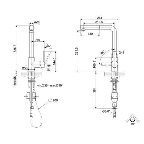 Technical Drawing with Dimensions for Smeg MID1CR Pull Out Spray Mixer Tap  with Single Lever in Polished Chrome