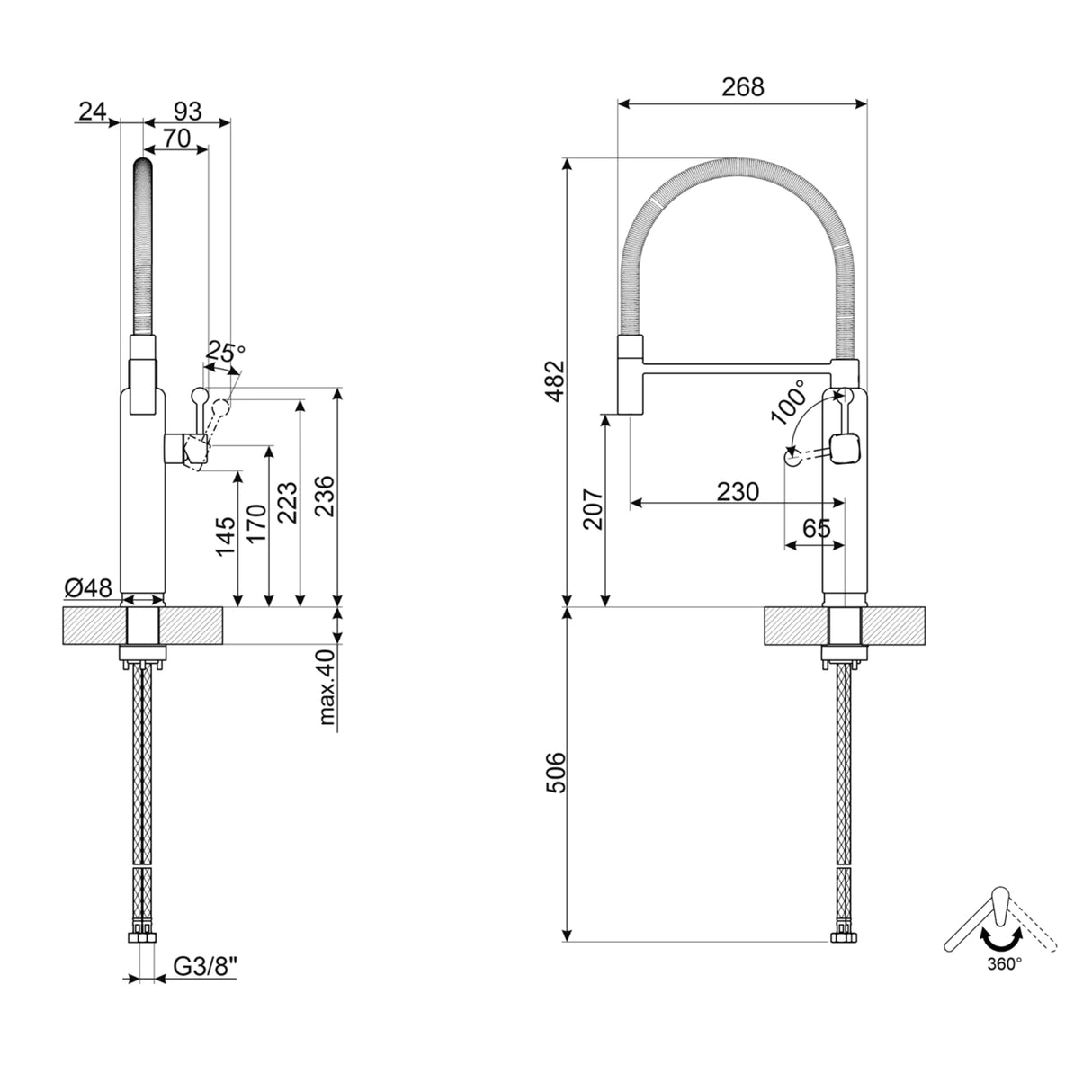 Technical Drawing with Dimensions for Smeg Semi-Professional Kitchen Mixer Tap with Pull Out Spray & Iconic Retro Design