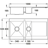 Technical Drawing with Dimensions for Abode Verve Inset Mount One and Half  Bowl Kitchen Sink For 600mm Cabinet in Stainless Steel