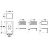 Technical Drawing with Dimensions for Abode Studio Compact Undermount and Inset Single Bowl Kitchen Sink with Accessories