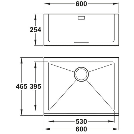 Technical Drawing with Dimensions for Abode Belfast Mount Single Bowl Kitchen Sink For 600mm Cabinet in Stainless Steel
