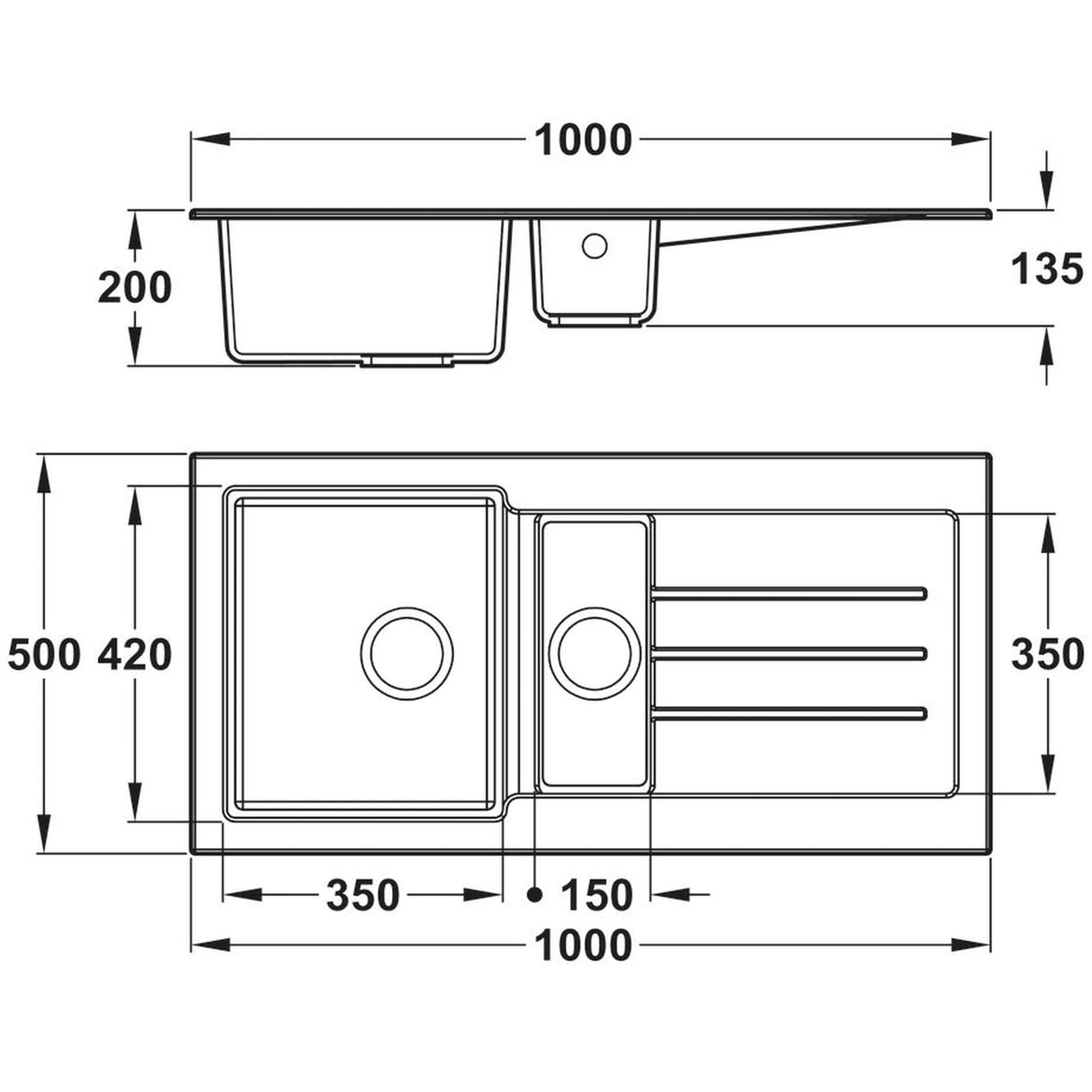 Technical Drawing with Dimensions for Abode Xcite Inset Mount  One and Half Bowl Kitchen Sink For 600mm Cabinet in Composite