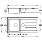Technical Drawing with Dimensions for Abode Xcite Inset Mount  One and Half Bowl Kitchen Sink For 600mm Cabinet in Composite