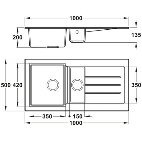 Technical Drawing with Dimensions for Abode Xcite Inset Mount  One and Half Bowl Kitchen Sink For 600mm Cabinet in Composite