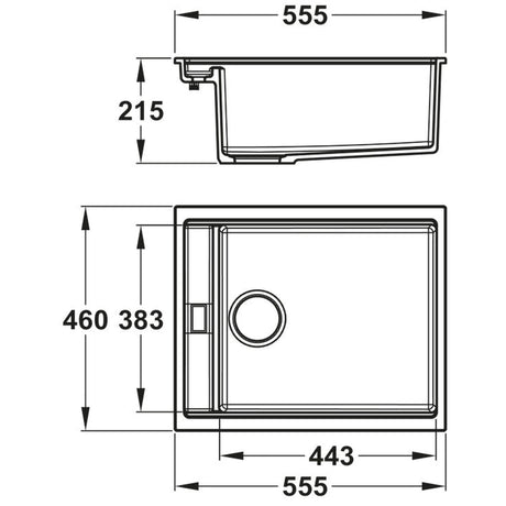 Technical Drawing with Dimensions for Abode Synchronist Undermount Inset mount One And Quarter Bowl Kitchen Sink For 600mm Cabinet in Composite